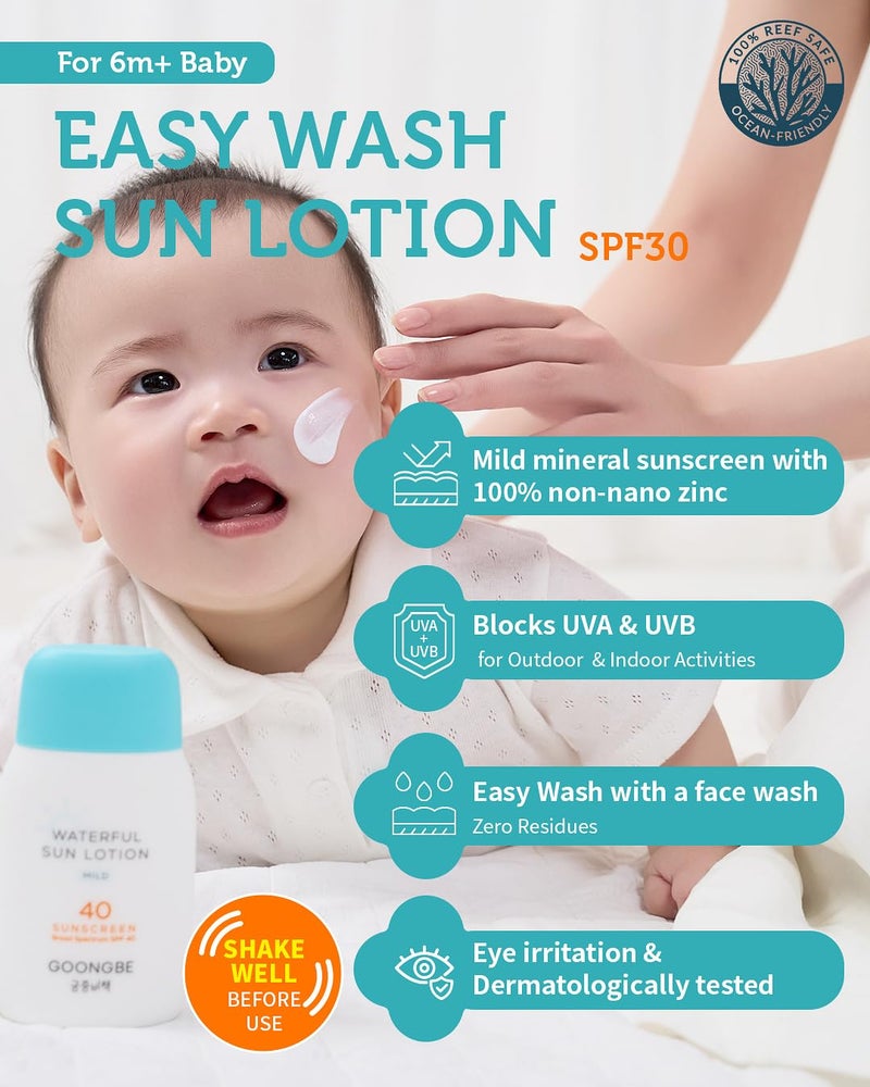 goongbe لوسيون الشمس سهل الغسل للأطفال SPF 30 - واقي شمس معدني مرطب من أكسيد الزنك للأطفال - يغسل بسهولة - نباتي، آمن للشعاب المرجانية، خالي من مسببات الحساسية، 2.11 أونصة سائلة. - Image 2